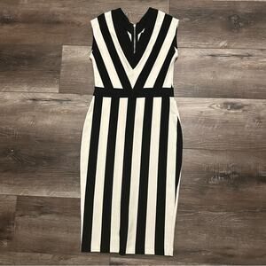 H&M Black and White Striped Sleeveless Dress Midi Form Fitted Size Small
